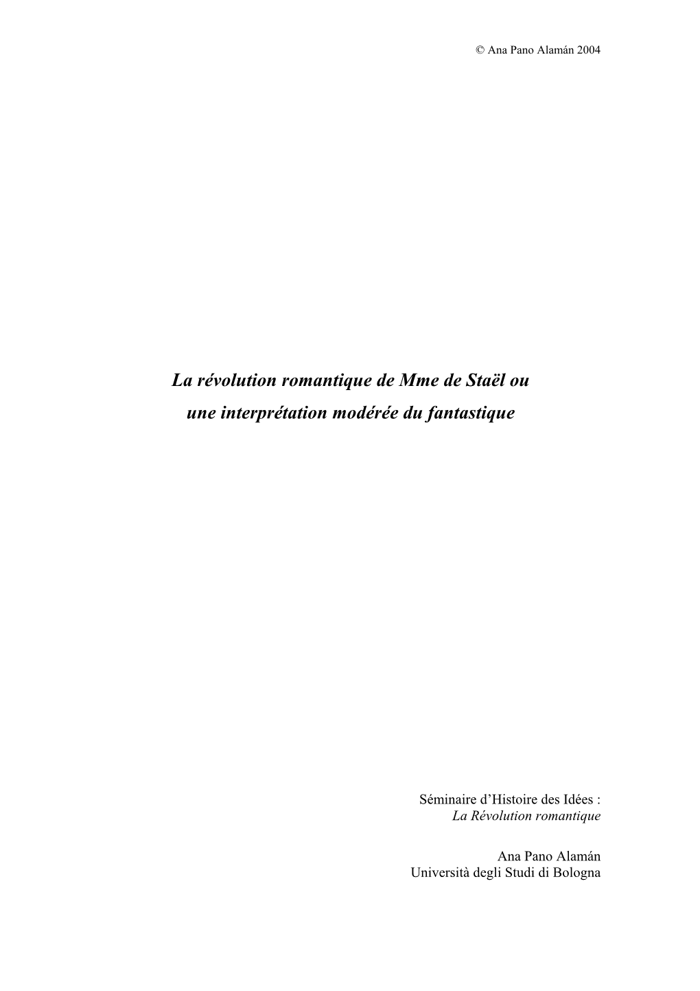 La Révolution Romantique De Mme De Staël Ou Une Interprétation Modérée Du Fantastique