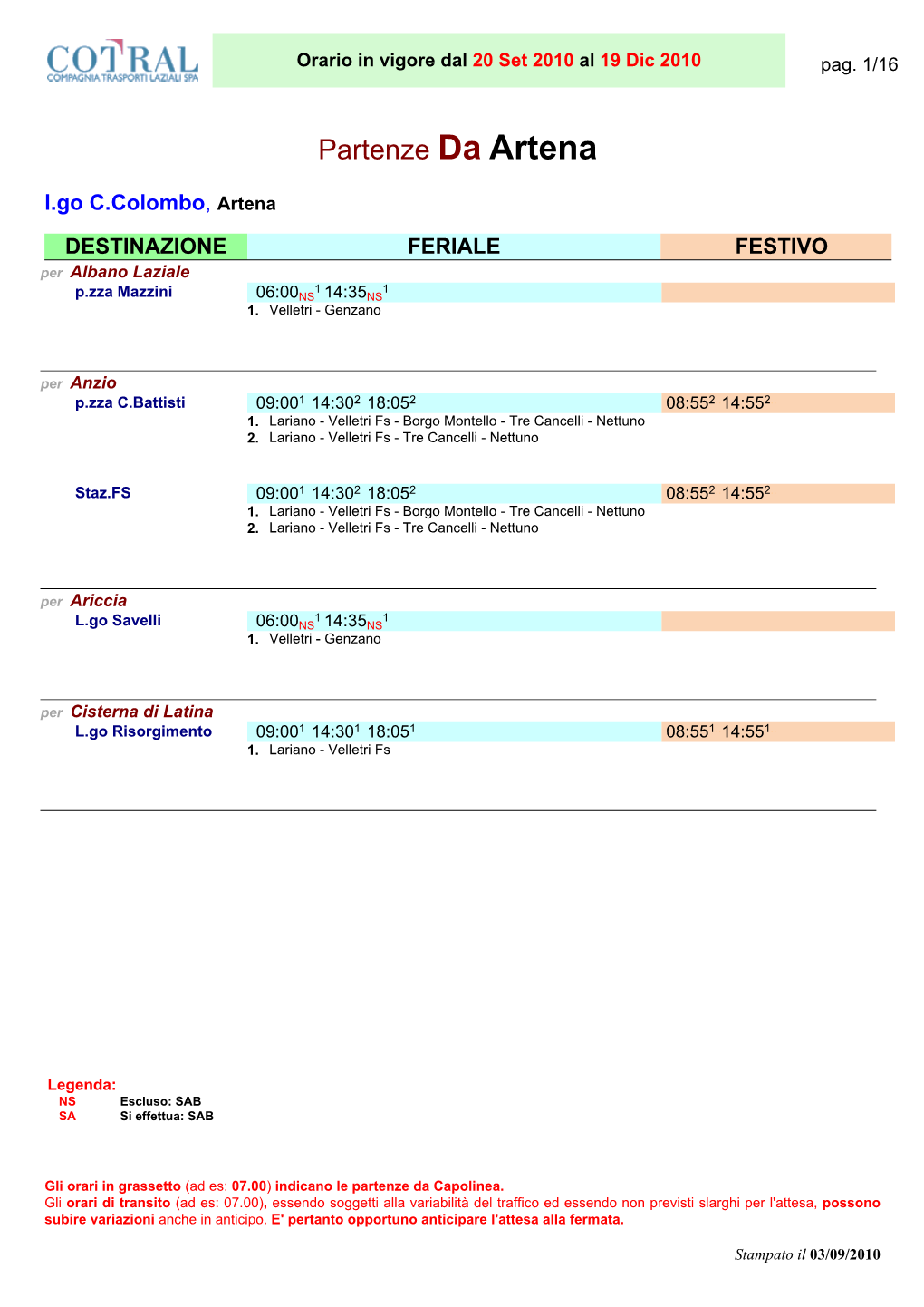Partenze Da Artena L.Go C.Colombo, Artena