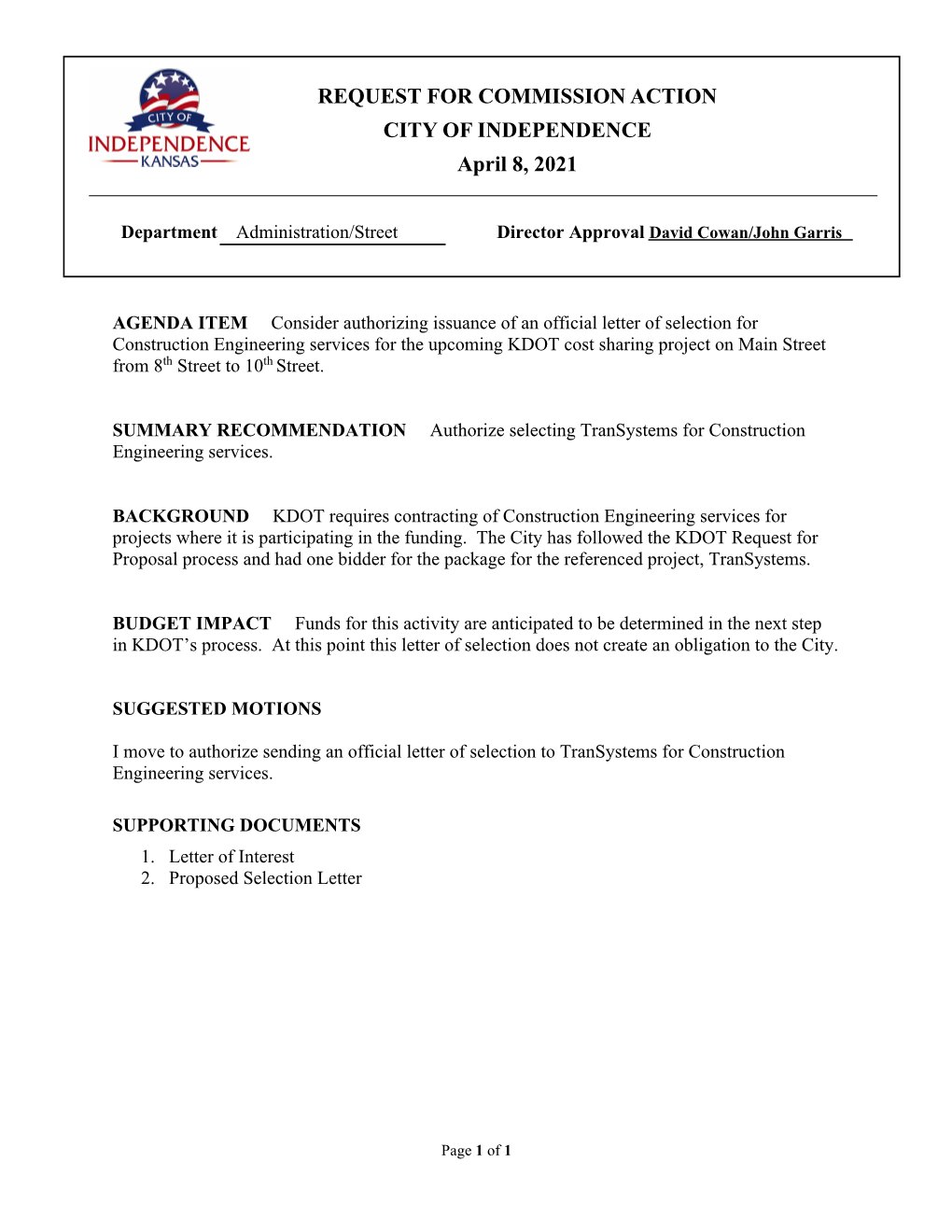 REQUEST for COMMISSION ACTION CITY of INDEPENDENCE April 8, 2021