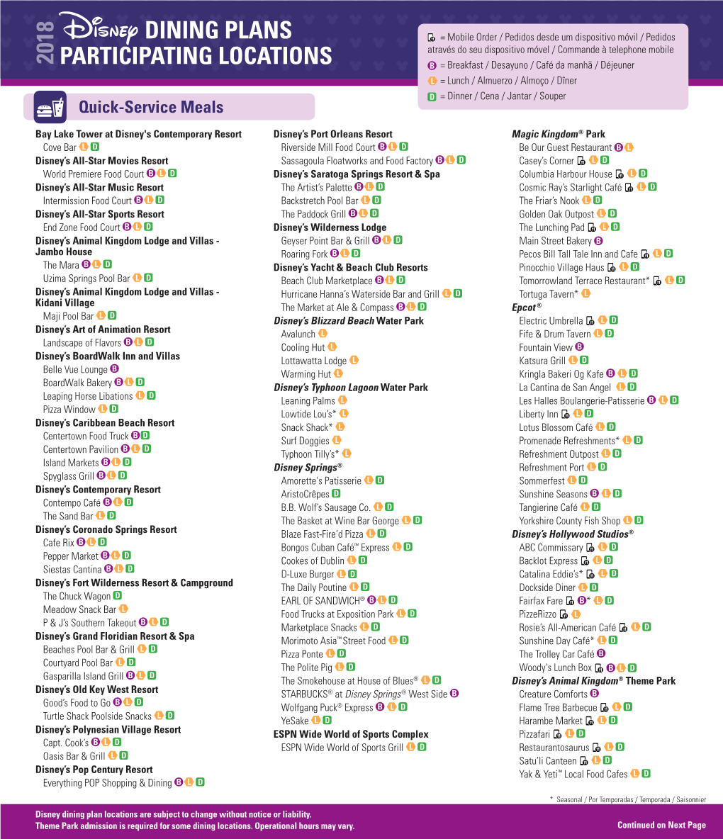 2018 Dining Plans Participating Locations