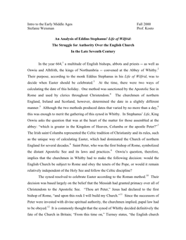 An Analysis of Eddius Stephanus' Life of Wilfrid: the Struggle for Authority Over the English Church in the Late Seventh Century