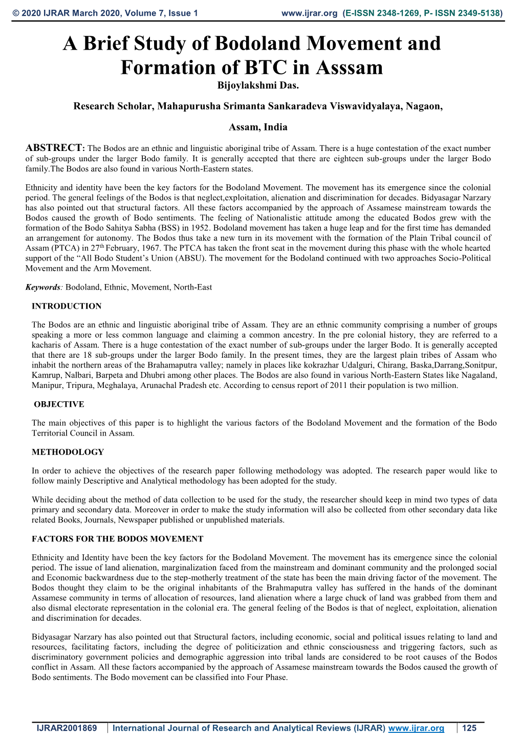 A Brief Study of Bodoland Movement and Formation of BTC in Asssam Bijoylakshmi Das