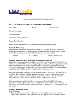 SOP for the Safe Use of Picric Acid (2,4,6-Trinitrophenol) Date