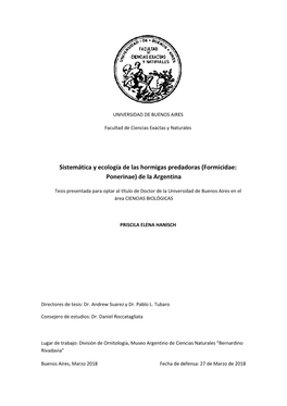 Sistemática Y Ecología De Las Hormigas Predadoras (Formicidae: Ponerinae) De La Argentina