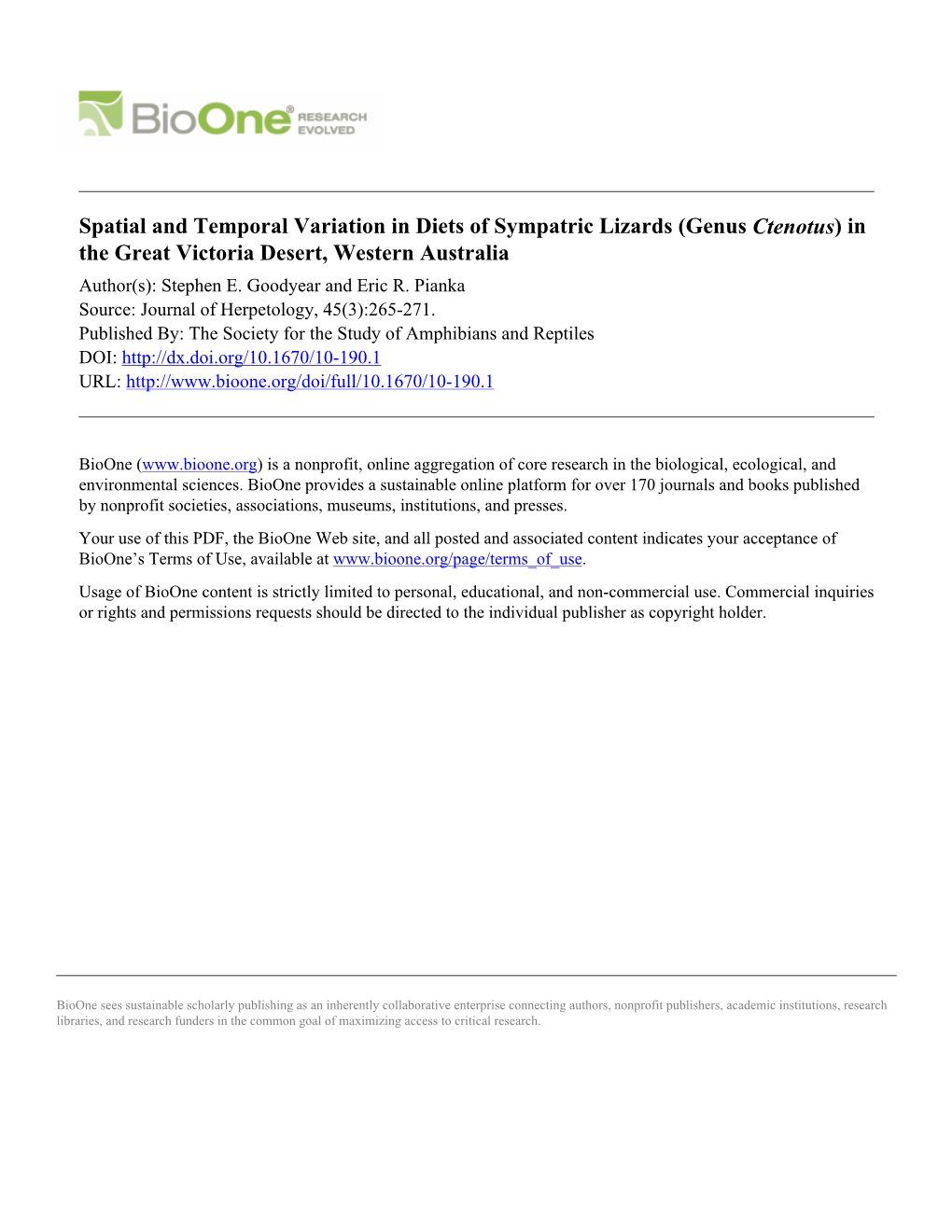 Spatial and Temporal Variation in Diets of Sympatric Lizards (Genus Ctenotus) in the Great Victoria Desert, Western Australia Author(S): Stephen E