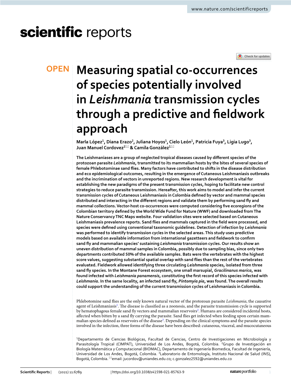 Measuring Spatial Co-Occurrences of Species Potentially Involved in Leishmania Transmission Cycles Through a Predictive and Fiel