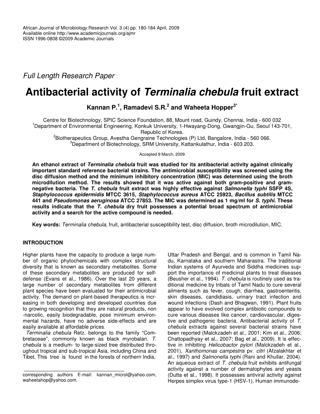 Antibacterial Activity of Terminalia Chebula Fruit Extract