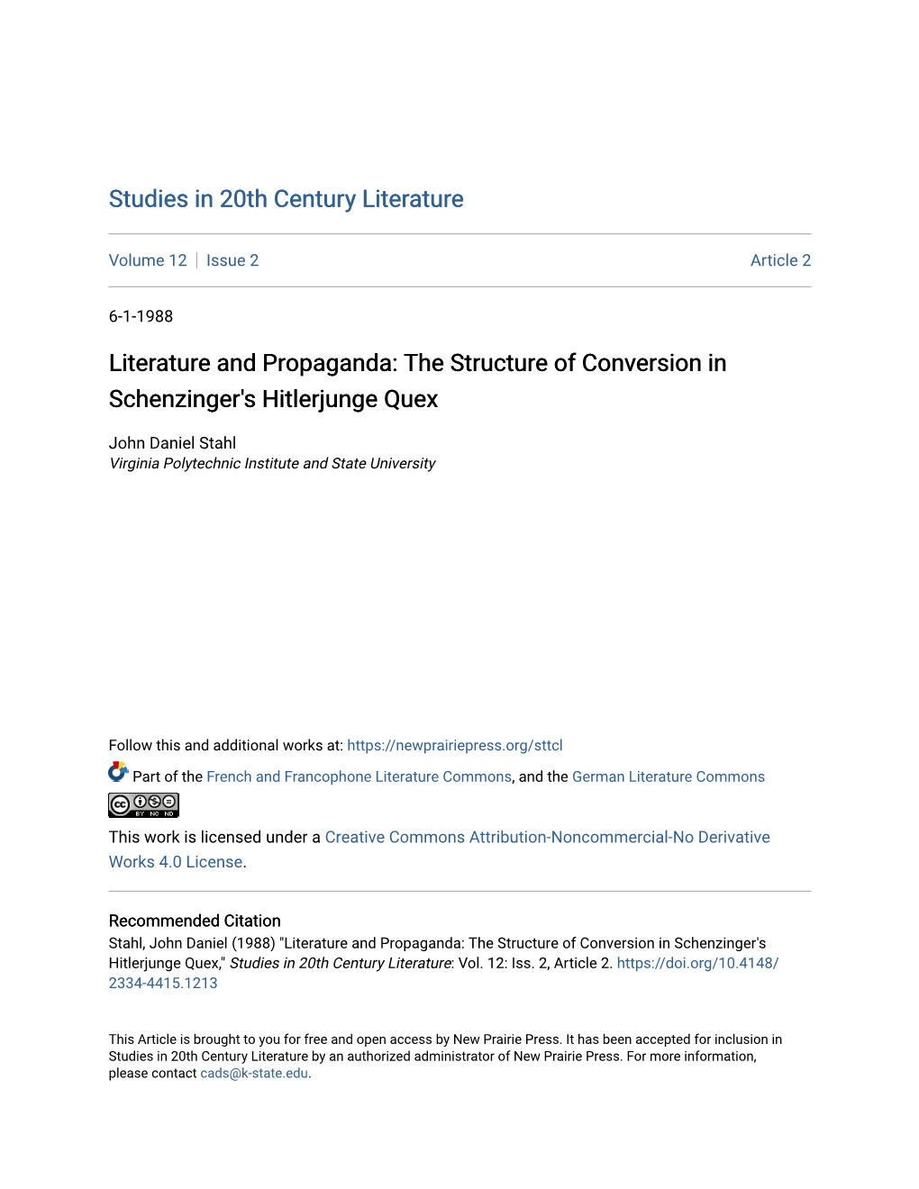 The Structure of Conversion in Schenzinger's Hitlerjunge Quex