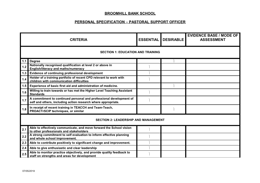 Personal Specification - Headteacher of Broomhill Bank School