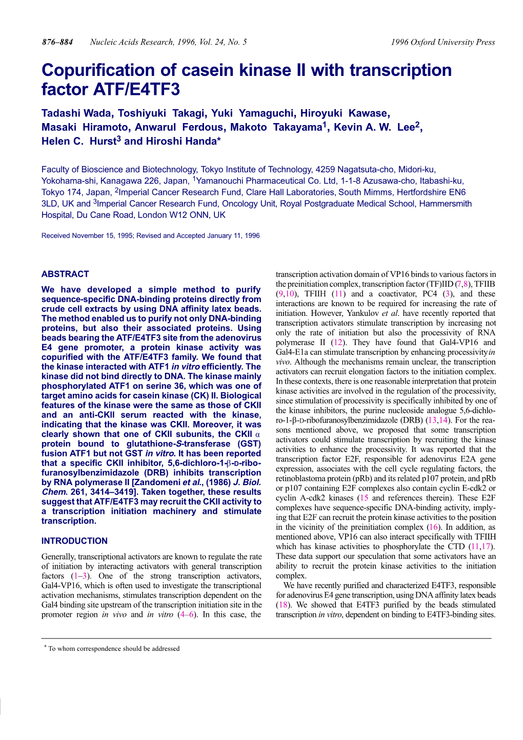Copurification of Casein Kinase II with Transcription Factor ATF/E4TF3