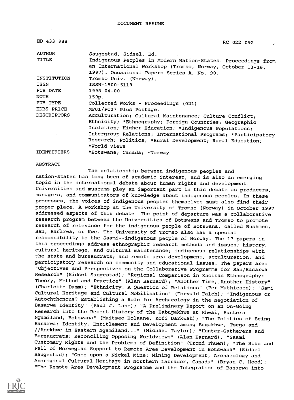 DOCUMENT RESUME RC 022 092 Indigenous Peoples In