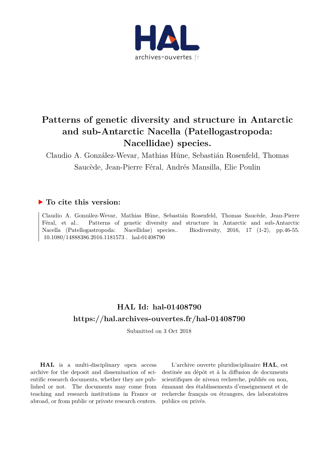 Patterns of Genetic Diversity and Structure in Antarctic and Sub-Antarctic Nacella (Patellogastropoda: Nacellidae) Species