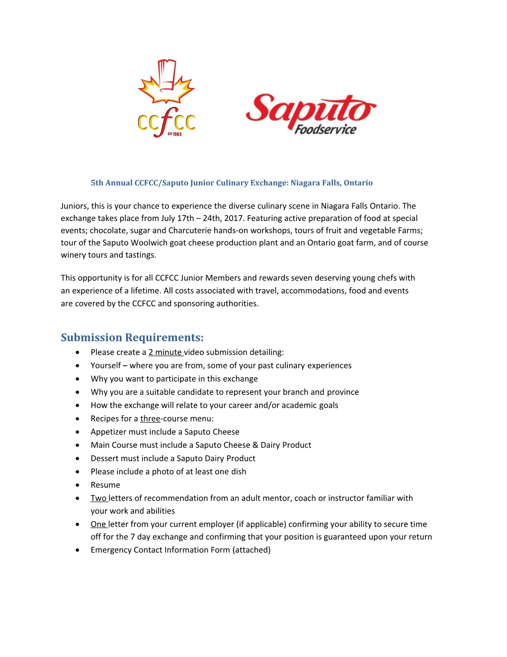 5Th Annual CCFCC/Saputo Junior Culinary Exchange: Niagara Falls, Ontario