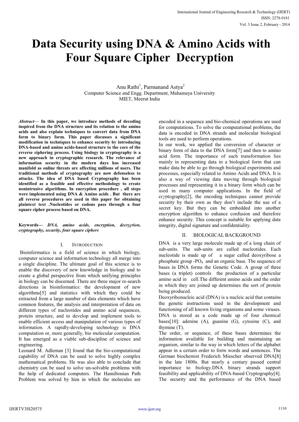 Data Security Using DNA & Amino Acids with Four Square Cipher