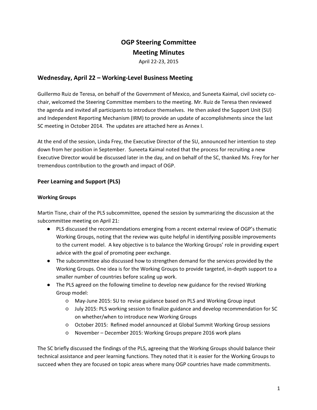 OGP Steering Committee Meeting Minutes April 22-23, 2015