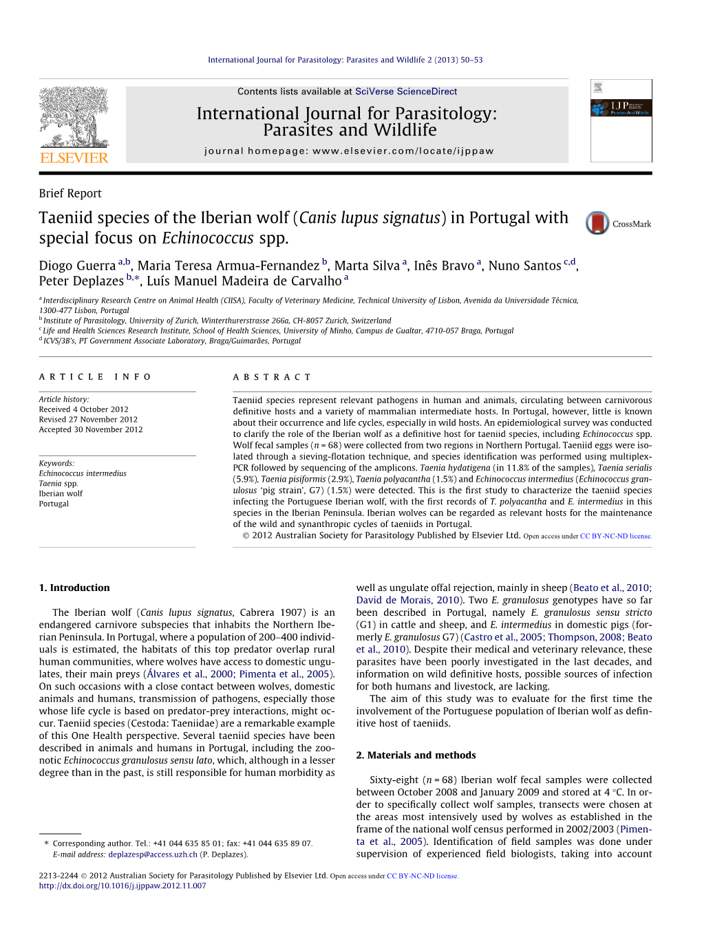 Taeniid Species of the Iberian Wolf (Canis Lupus Signatus) in Portugal with Special Focus on Echinococcus Spp