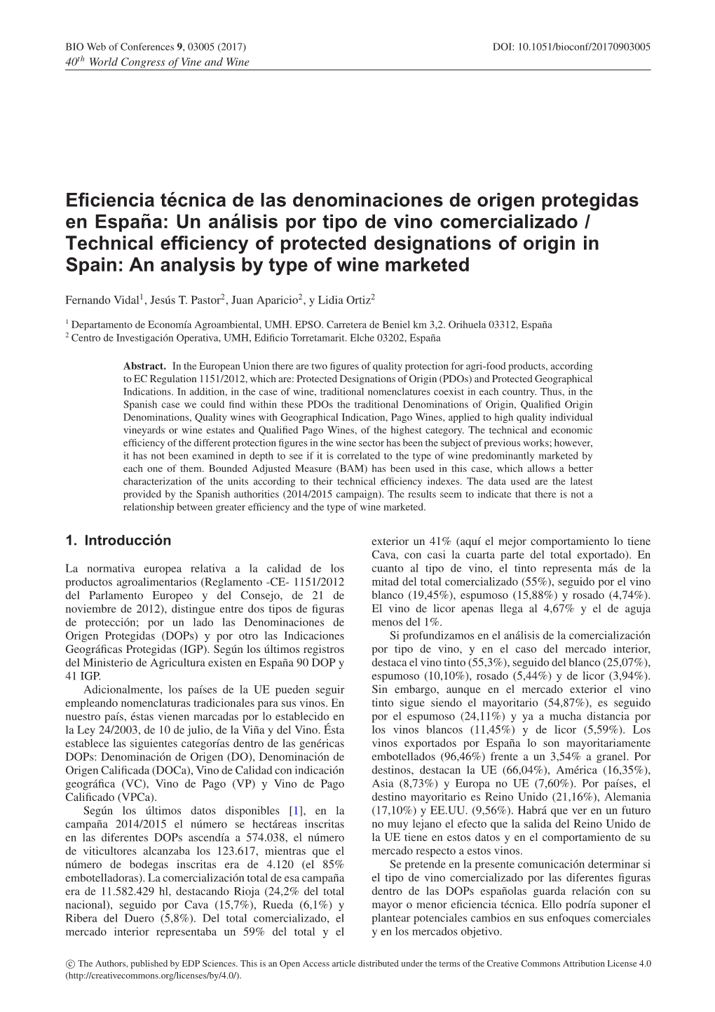 Eficiencia Técnica De Las Denominaciones De Origen Protegidas En España: Un Análisis Por Tipo De Vino Comercializado