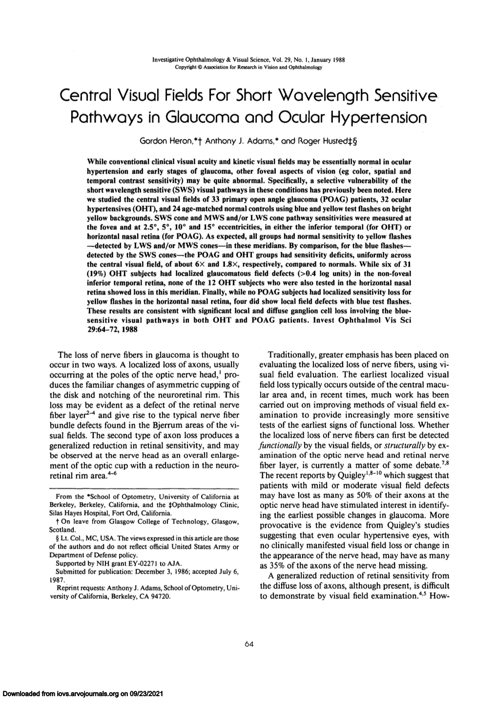 Central Visual Fields for Short Wavelength Sensitive Pathways in Glaucoma and Ocular Hypertension