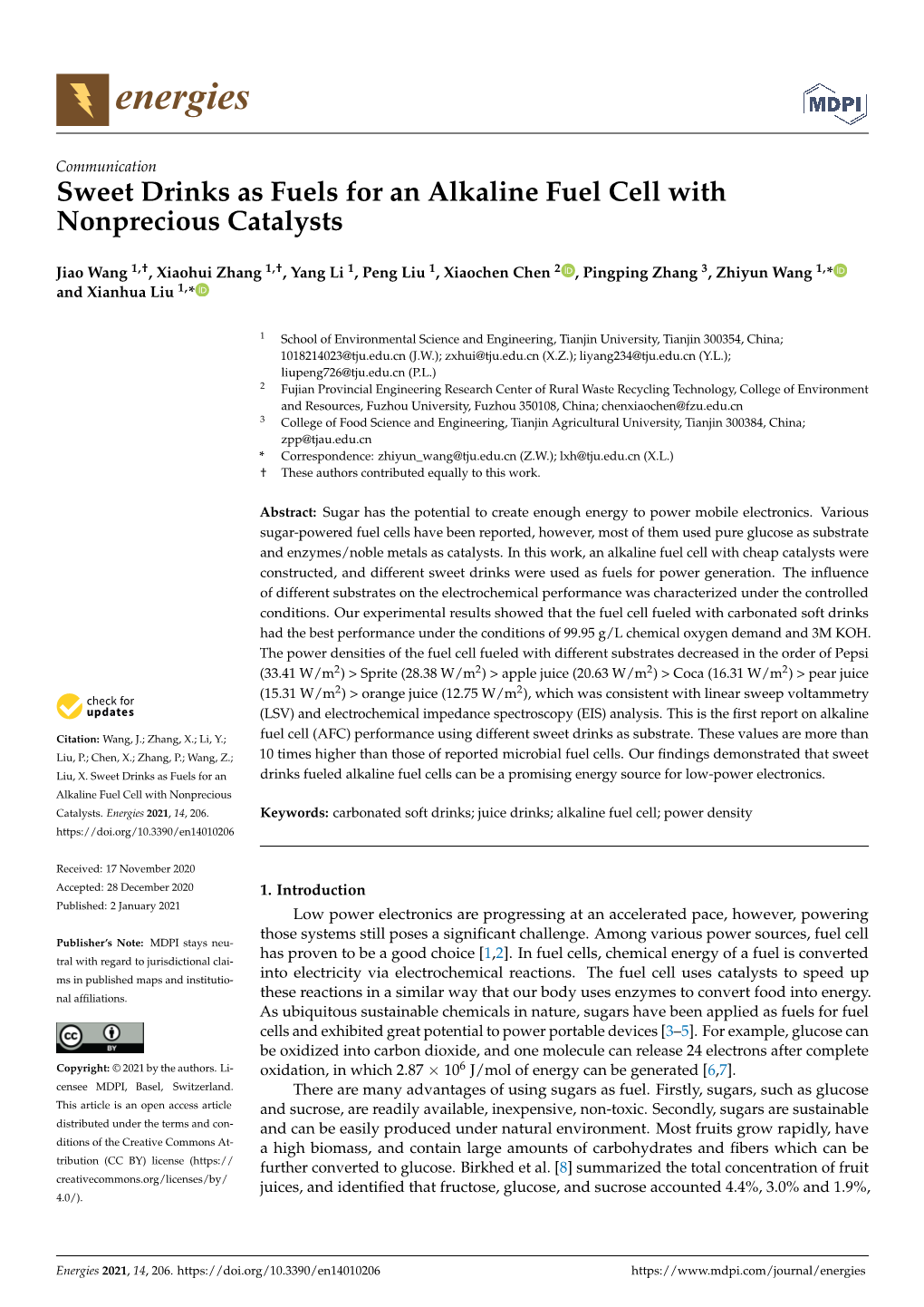 Sweet Drinks As Fuels for an Alkaline Fuel Cell with Nonprecious Catalysts