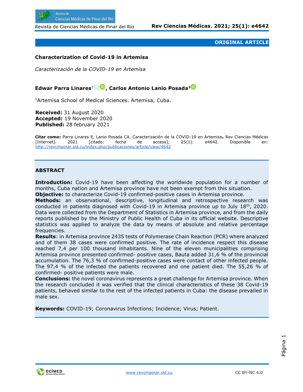 Rev Ciencias Médicas. 2021; 25(1): E4642