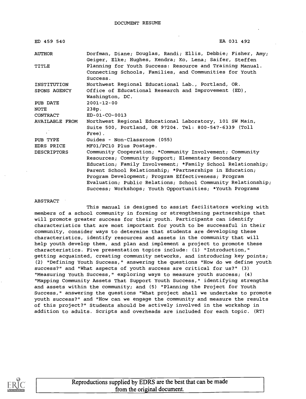 Planning for Youth Success: Resource and Training Manual. Connecting Schools, Families, and Communities for Youth Success