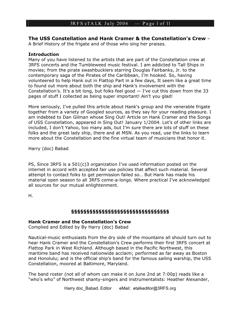 3RFS Etalk July 2006 — Page 1 of 11 the USS Constellation and Hank Cramer & the Constellation's Crew –