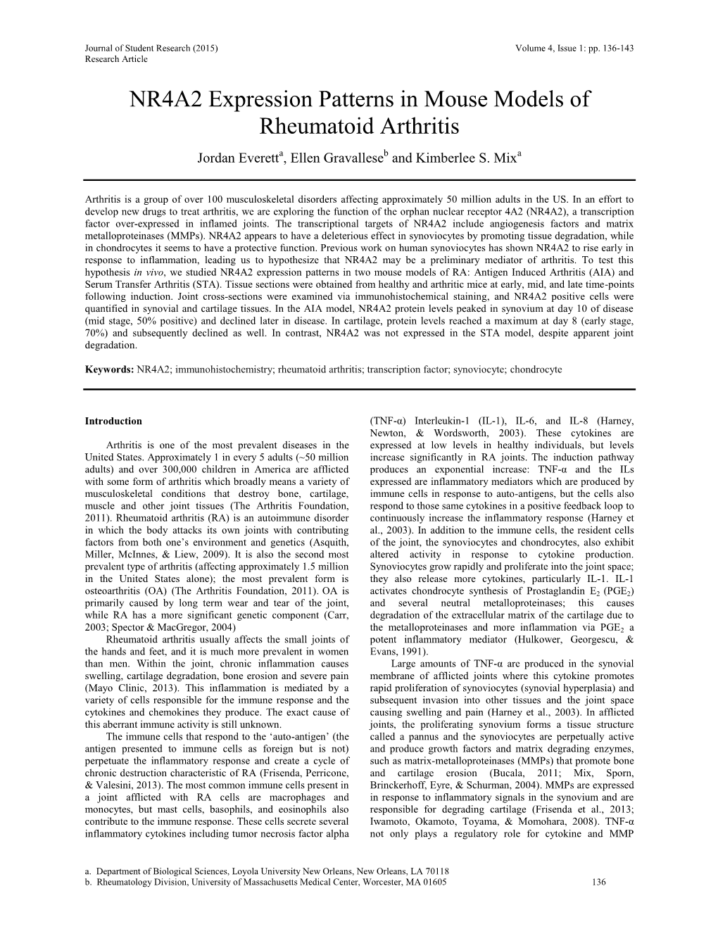 NR4A2 Expression Patterns in Mouse Models of Rheumatoid Arthritis