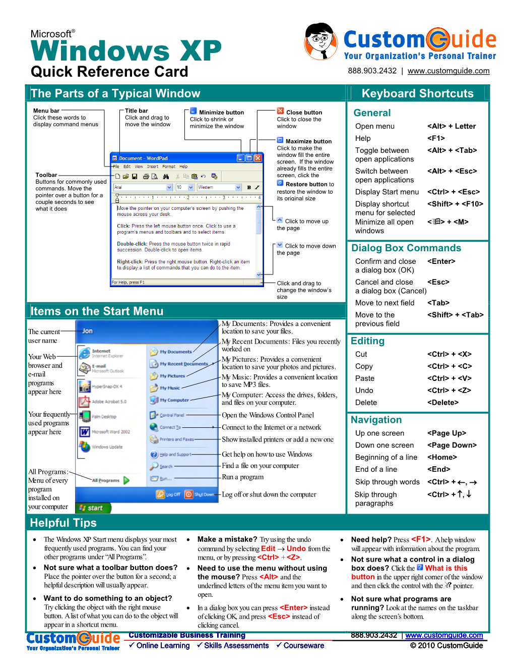 Windows Quick Reference, Microsoft Windows XP Cheat Sheet