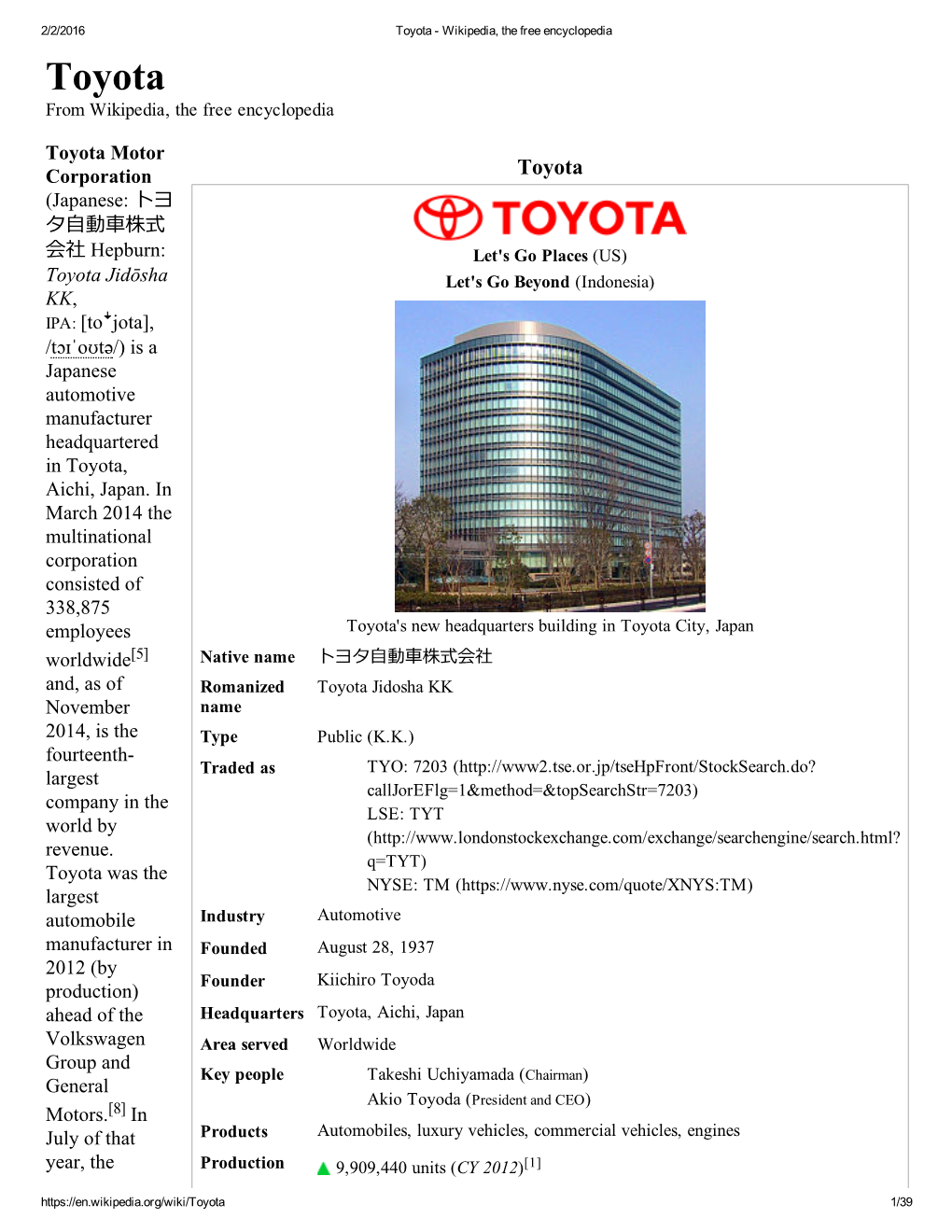 Toyota ­ Wikipedia, the Free Encyclopedia Toyota from Wikipedia, the Free Encyclopedia