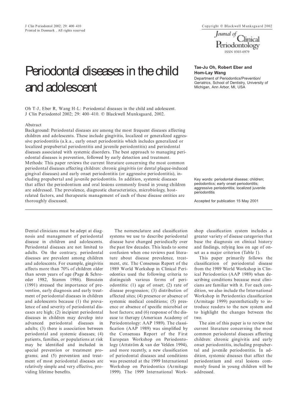 Periodontal Diseases in the Child and Adolescent