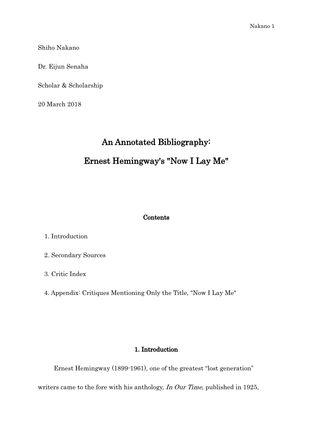 An Annotated Bibliography: Ernest Hemingway's 