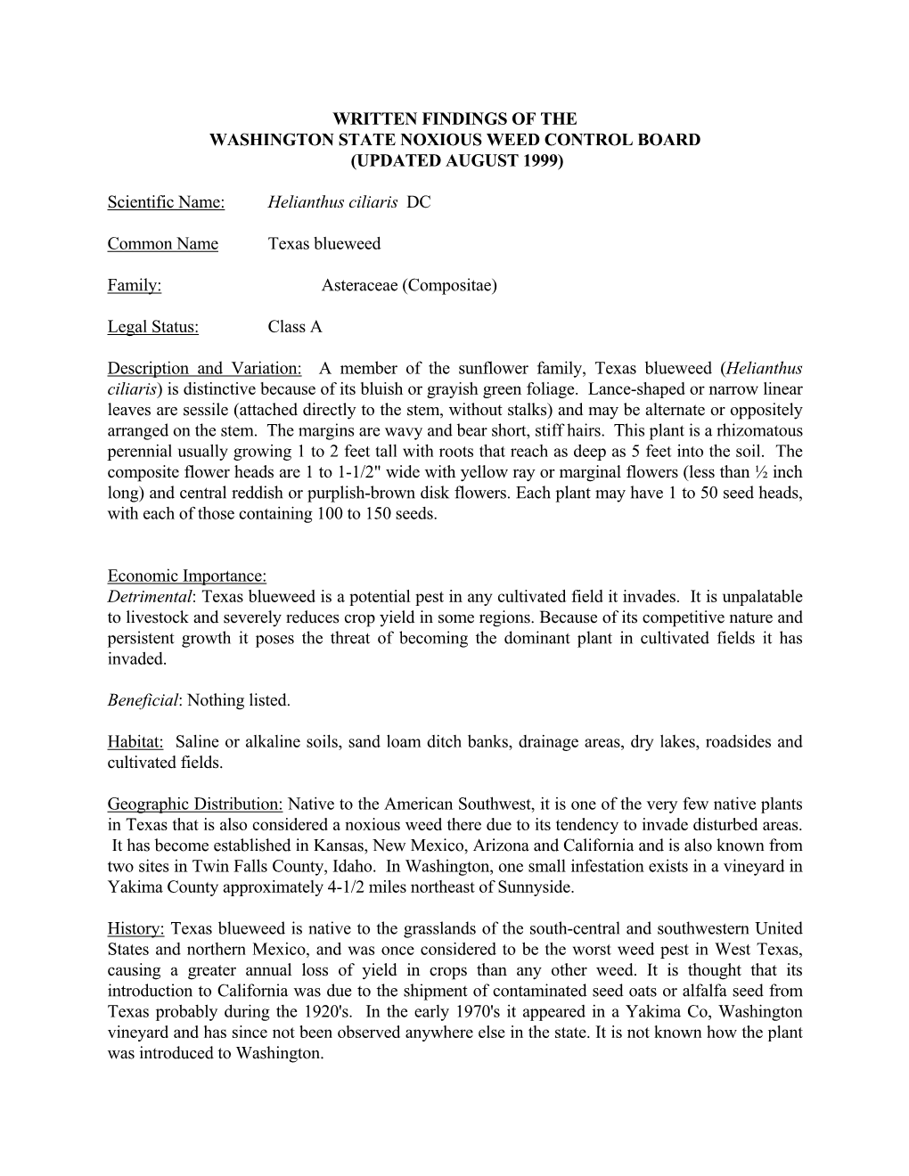 WRITTEN FINDINGS of the WASHINGTON STATE NOXIOUS WEED CONTROL BOARD (UPDATED AUGUST 1999) Scientific Name: Helianthus Ciliaris