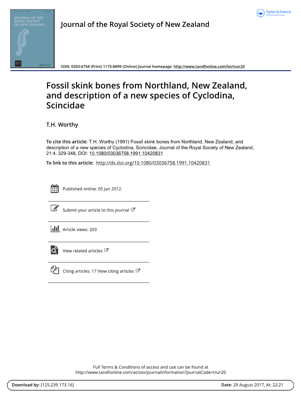 Fossil Skink Bones from Northland, New Zealand, and Description of a New Species of Cyclodina, Scincidae