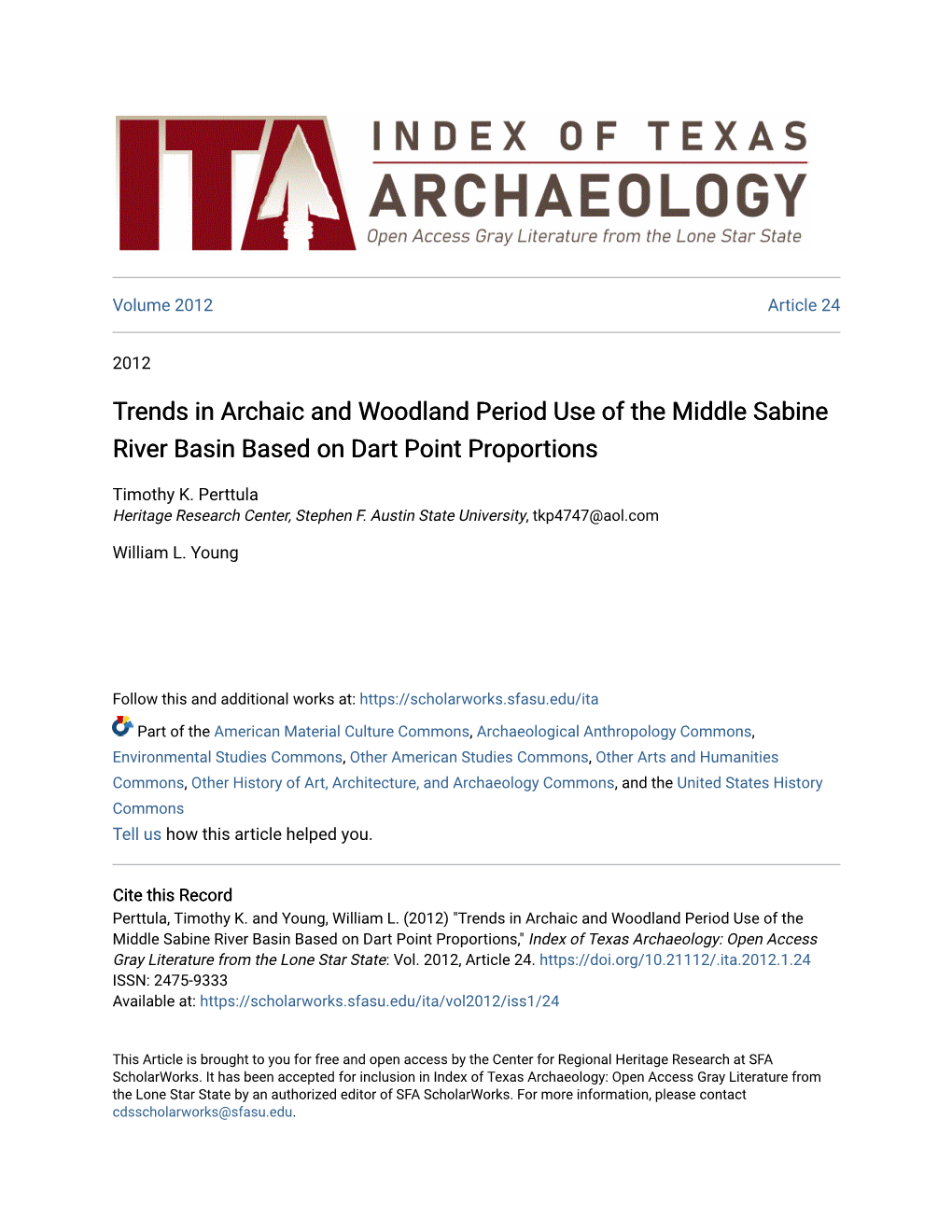 Trends in Archaic and Woodland Period Use of the Middle Sabine River Basin Based on Dart Point Proportions