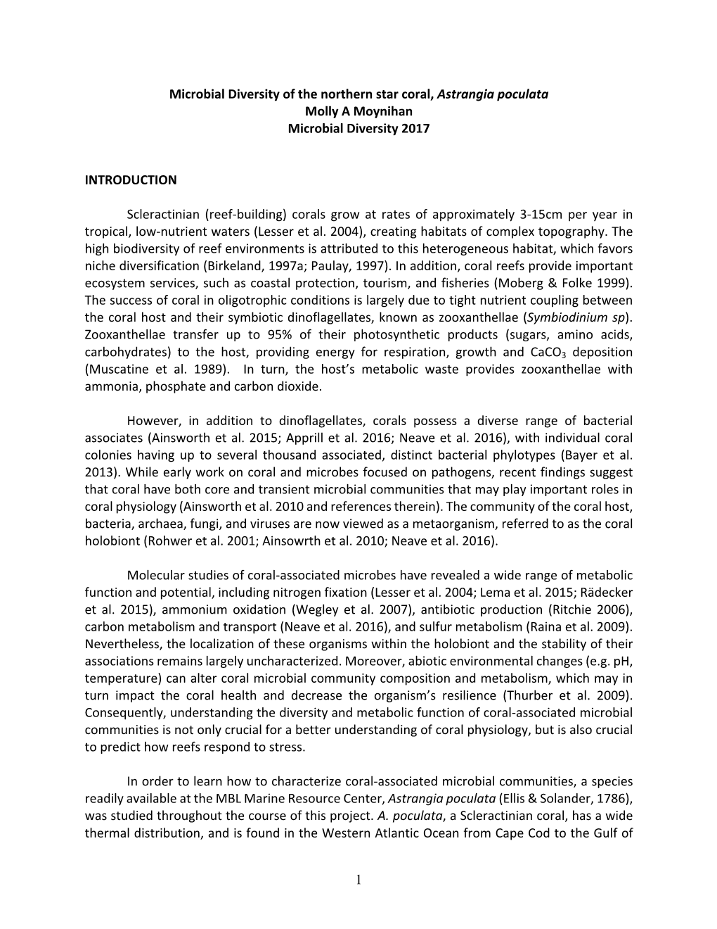 Molly A, Microbial Diversity of the Northern Star Coral, Astrangia Poculata