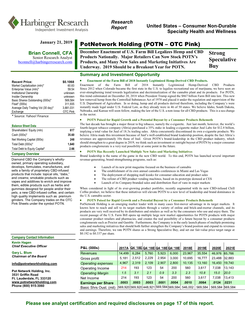 Potnetwork Holding (POTN – OTC Pink) December Enactment of U.S