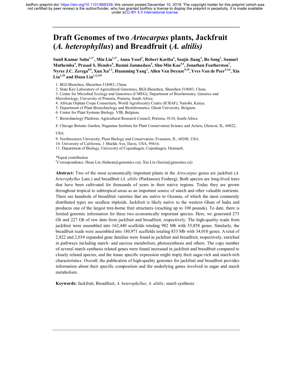 Draft Genomes of Two Artocarpus Plants, Jackfruit (A. Heterophyllus) and Breadfruit (A. Altilis)