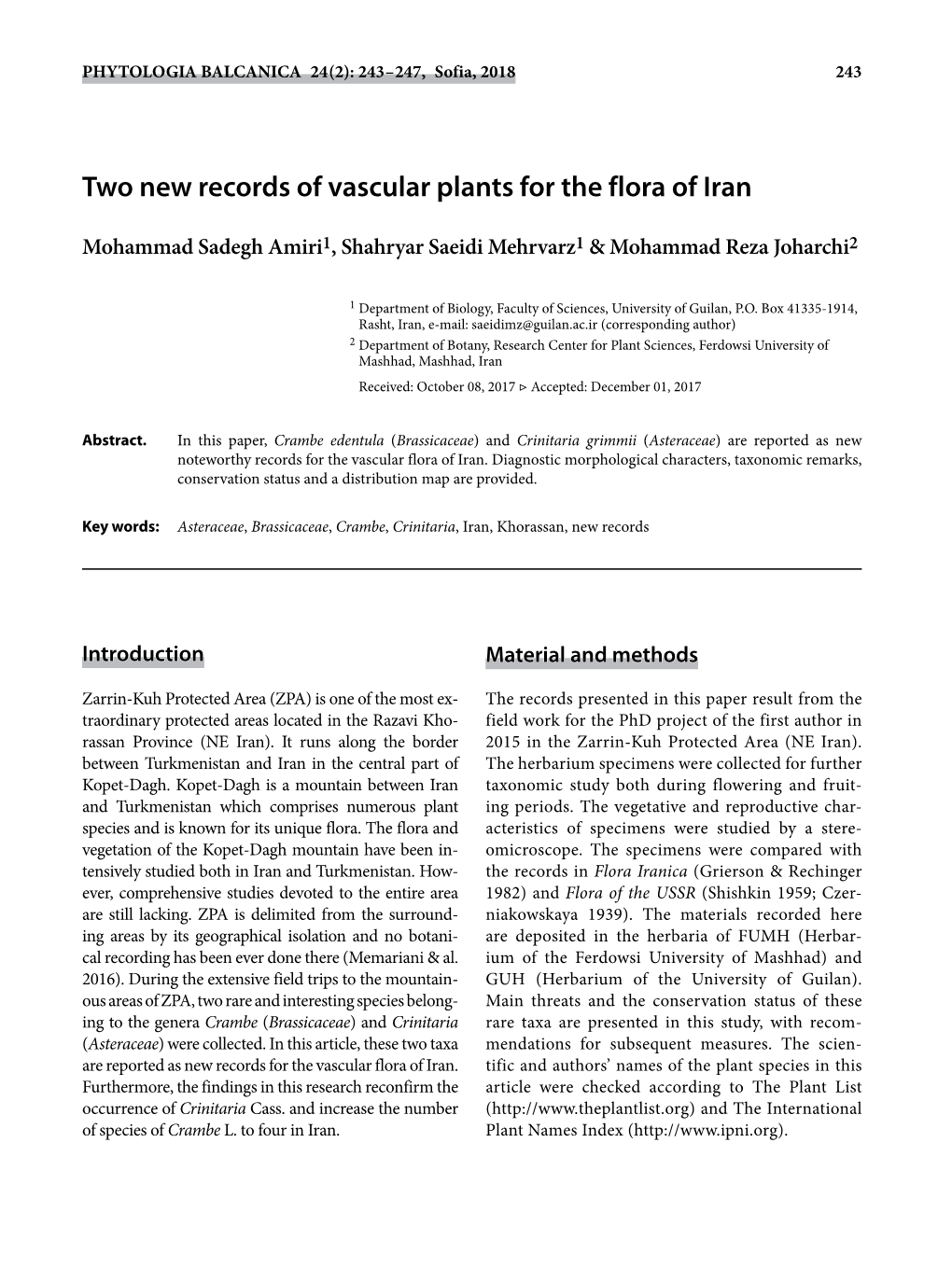 Two New Records of Vascular Plants for the Flora of Iran