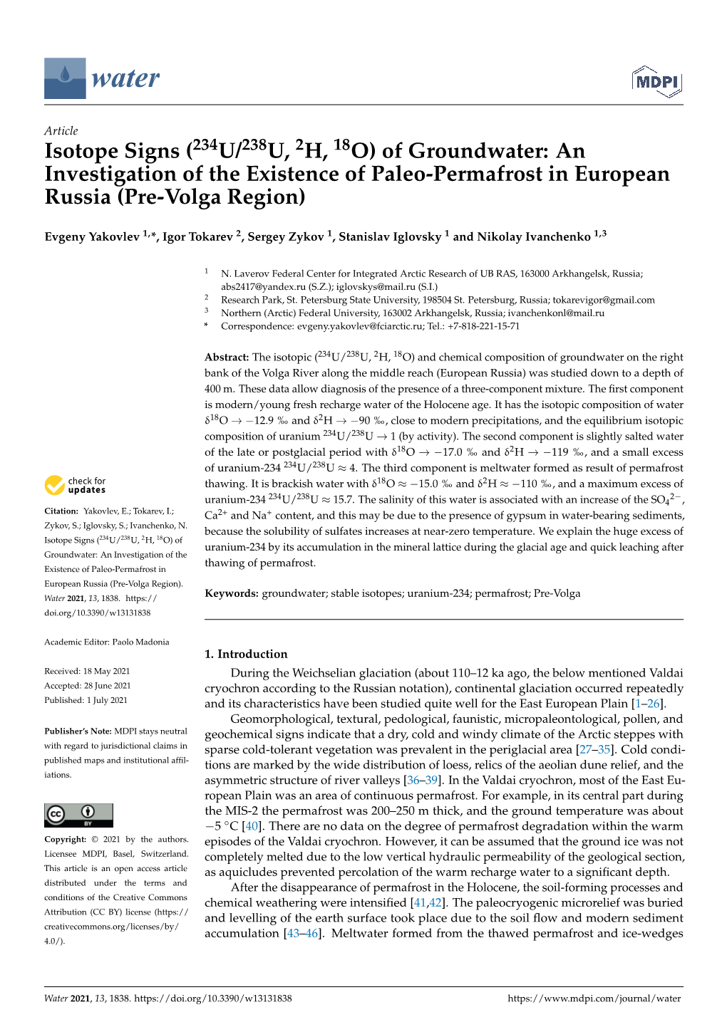 234U/238U, 2H, 18O) of Groundwater: an Investigation of the Existence of Paleo-Permafrost in European Russia (Pre-Volga Region