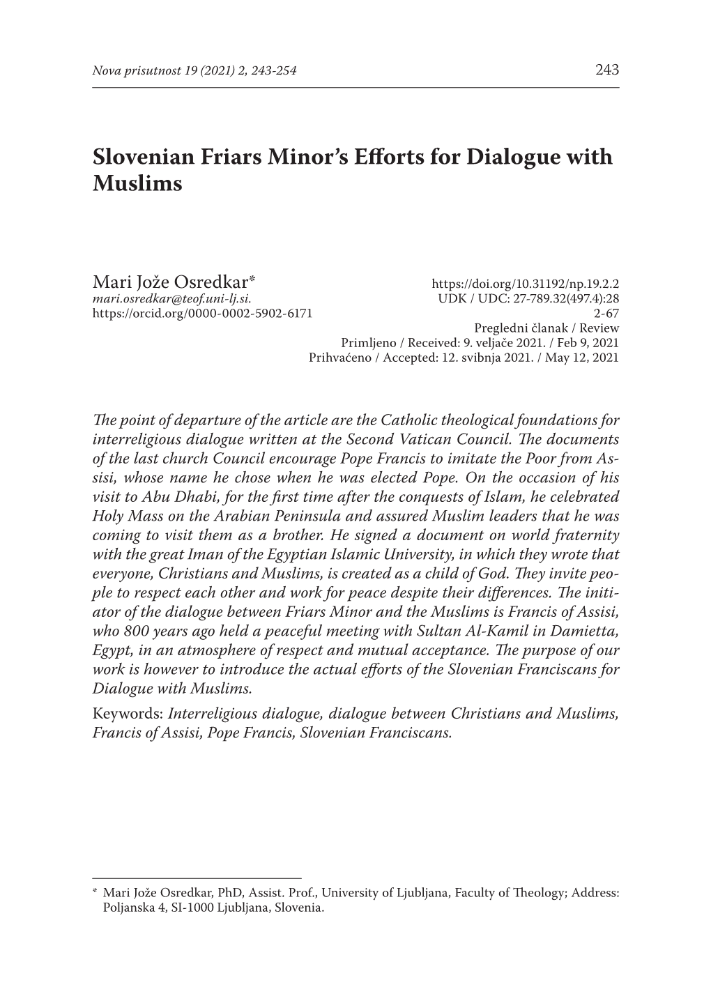 Slovenian Friars Minor's Efforts for Dialogue with Muslims