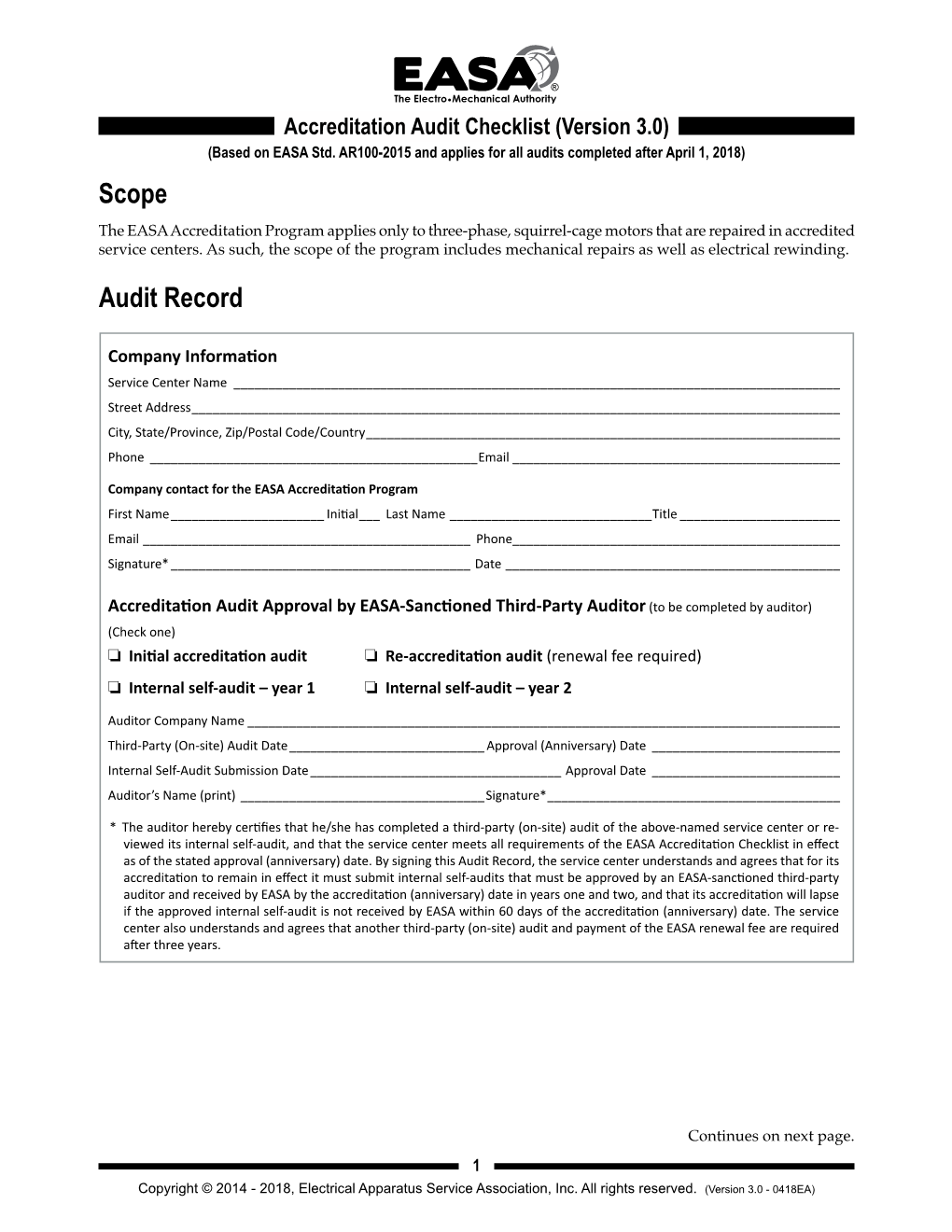 Accreditation Audit Checklist (Version 3.0) (Based on EASA Std