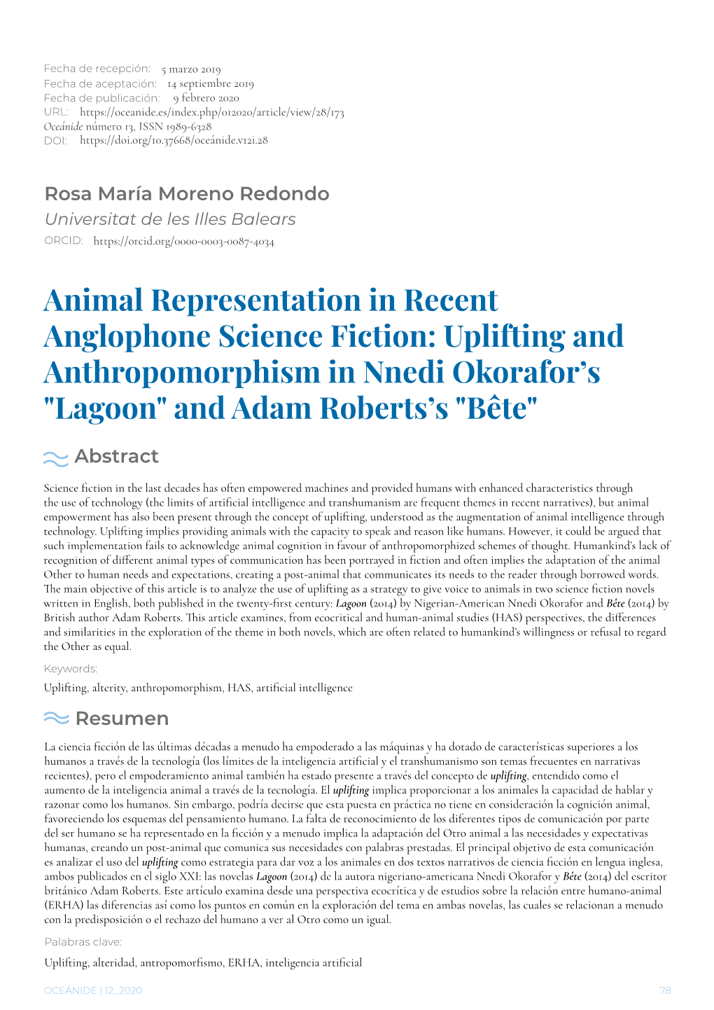 Animal Representation in Recent Anglophone Science Fiction: Uplifting and Anthropomorphism in Nnedi Okorafor’S 