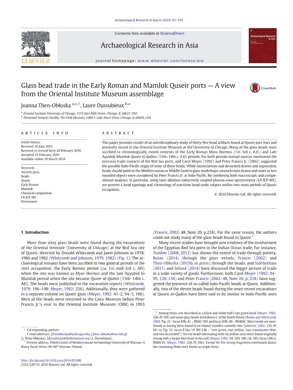 Glass Bead Trade in the Early Roman and Mamluk Quseir Ports ￢ﾀﾔ A