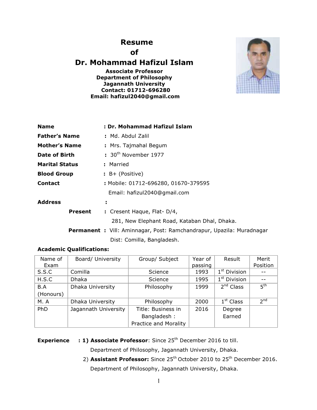 Resume of Dr. Mohammad Hafizul Islam Associate Professor Department of Philosophy Jagannath University Contact: 01712-696280 Email: Hafizul2040@Gmail.Com