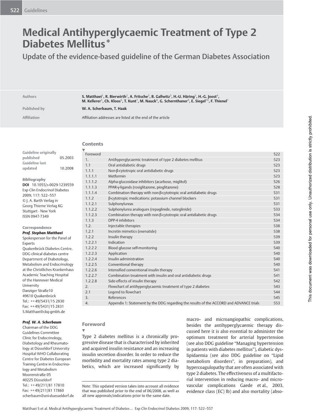 Medical Antihyperglycaemic Treatment of Type 2 Diabetes Mellitus * Update of the Evidence-Based Guideline of the German Diabetes Association