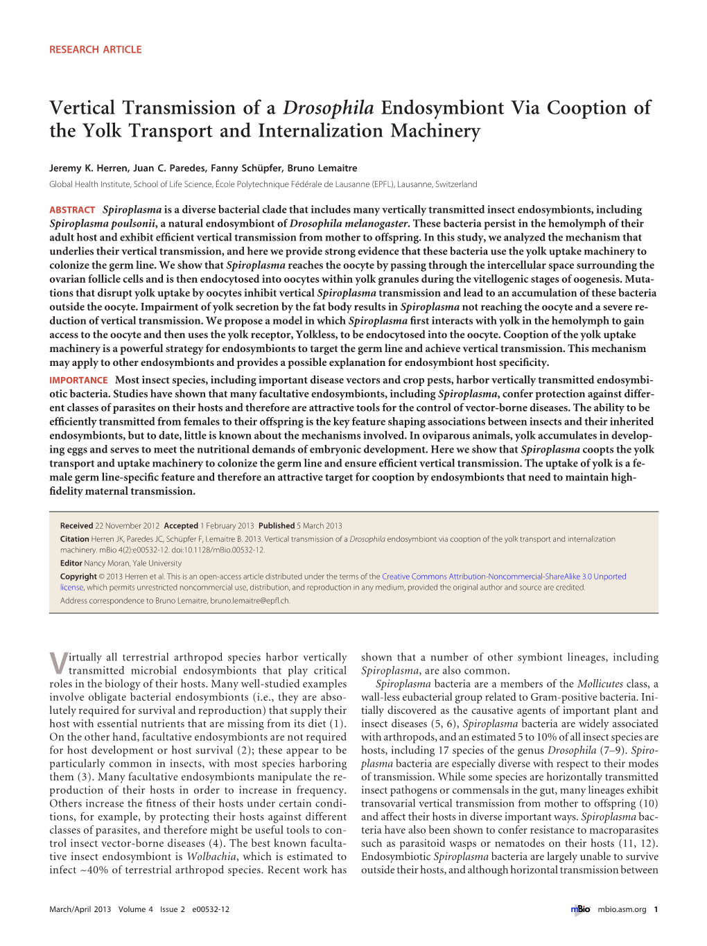 Vertical Transmission of a Drosophila Endosymbiont Via Cooption of the Yolk Transport and Internalization Machinery