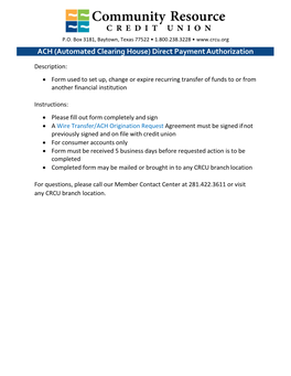 ACH (Automated Clearing House) Direct Payment Authorization