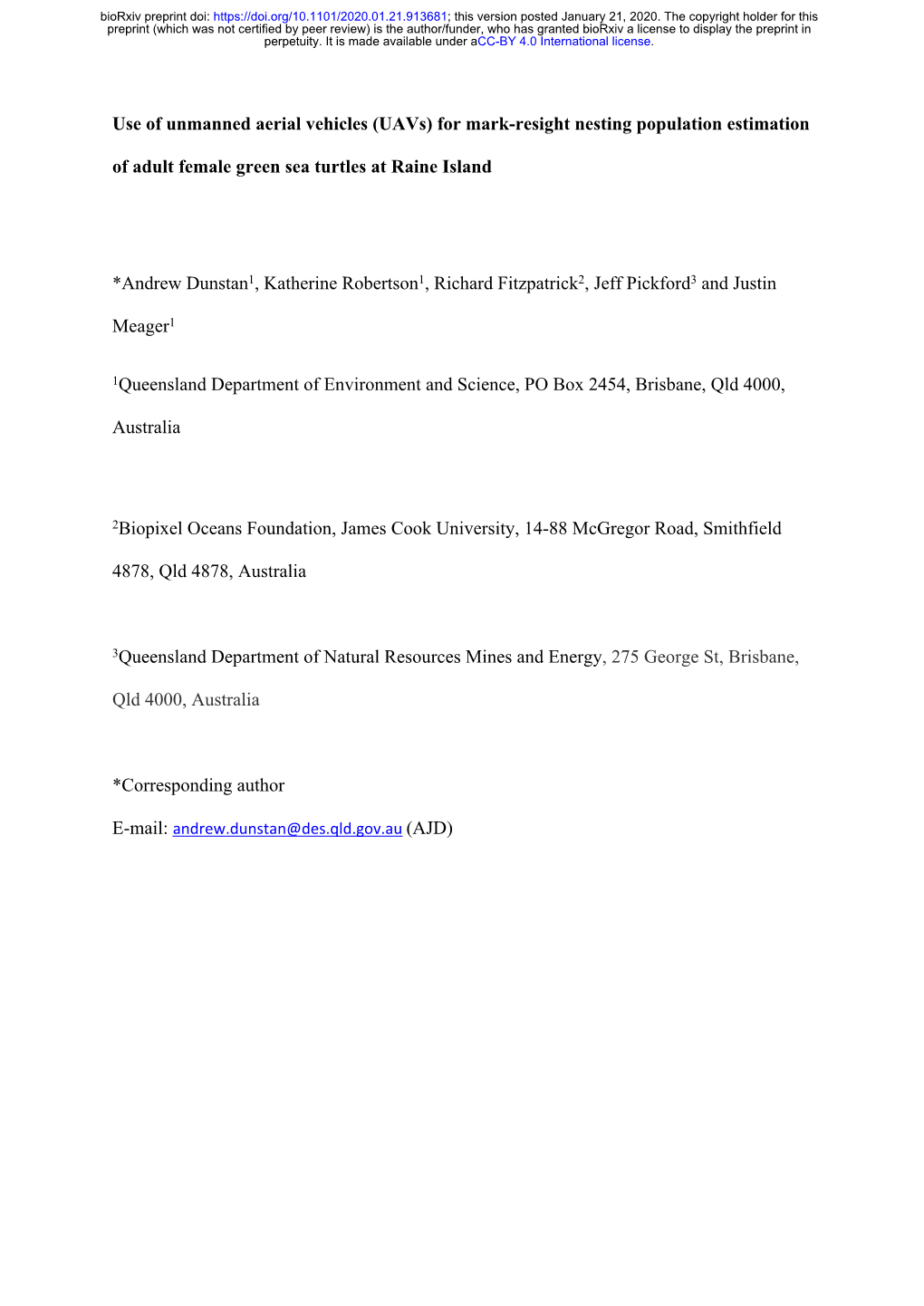 Use of Unmanned Aerial Vehicles (Uavs) for Mark-Resight Nesting Population Estimation