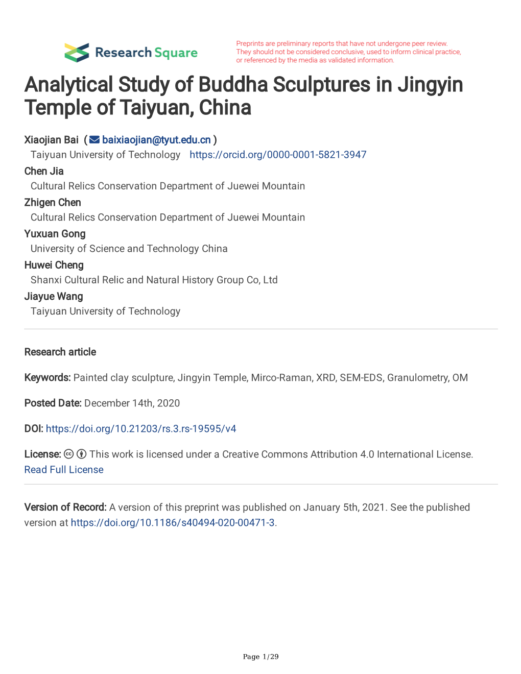 Analytical Study of Buddha Sculptures in Jingyin Temple of Taiyuan, China