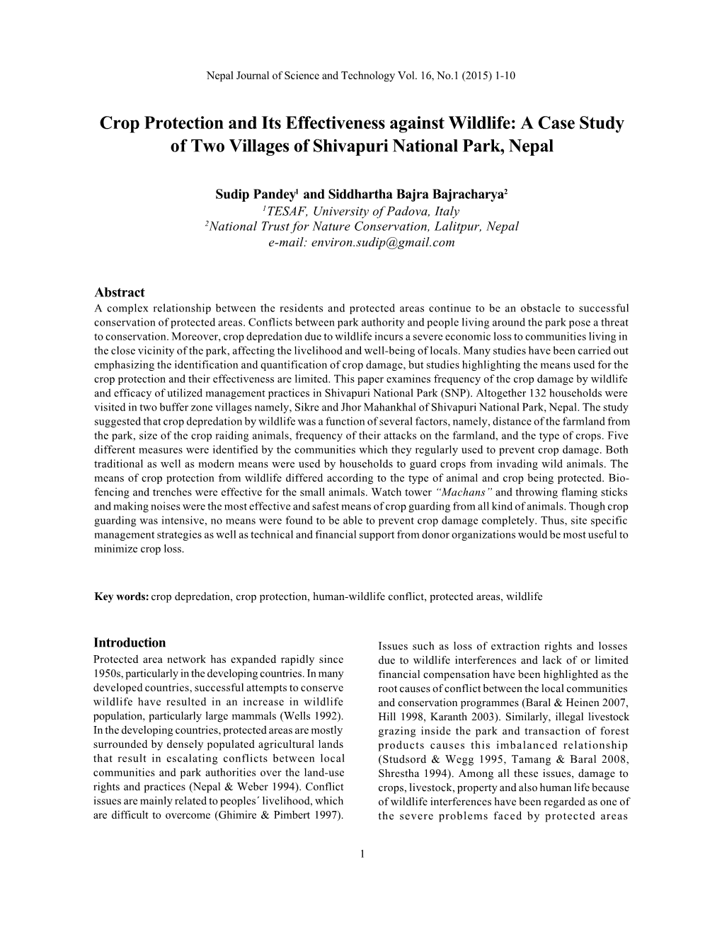 Crop Protection and Its Effectiveness Against Wildlife: a Case Study of Two Villages of Shivapuri National Park, Nepal